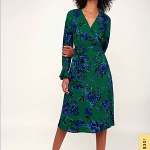 Lulus Green and Blue Floral Wrap Dress